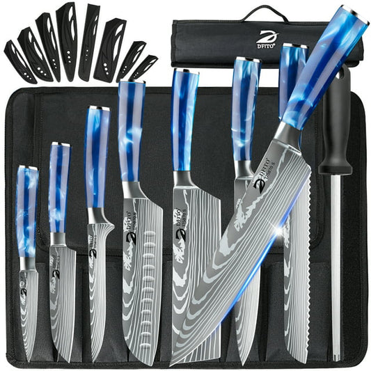 DFITO 9-Piece Kitchen Knife Set, Stainless Steel Professional Cutlery Knife with Knife Sheaths, Ultra Sharp Kitchen Knives with Knife Storage Bag, Blue