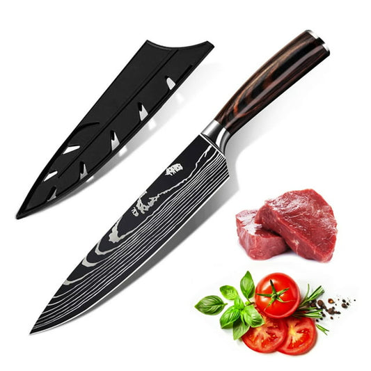 DFITO Kitchen Chef Knife with Blade Cover, 8 Inch High Carbon Stainless Steel Ultra Sharp Kitchen Knife, Wooden Handle, Dishwasher Safe