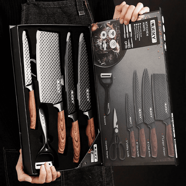 DFITO Knife Set, 6 Pieces Chef Knife Set with Gift Box (8'' Chef's Knife, 8'' Slicing Knife,7'' Kitchen Knife,5'' Universal Knife,Scissors,Skin Scraper),High Carbon Stainless Steel Knife Block Set