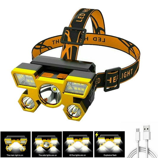 DFITO LED Headlamp, 750000 Lumen 4 Modes LED Headlamp Rechargeable, Headlight Flashlight, Five Head Airplane Headlamp for Hiking Camping