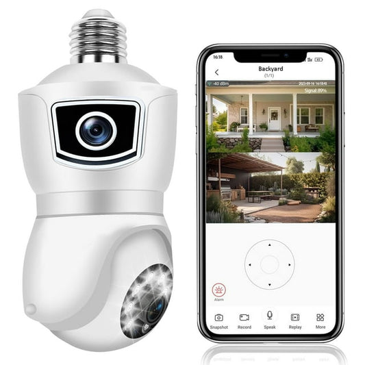 Security Camera with Dual Lens,DFITO 360° 2K Security Cameras Wireless WiFi Light Socket Bulb Security Camera with Color Night Vision