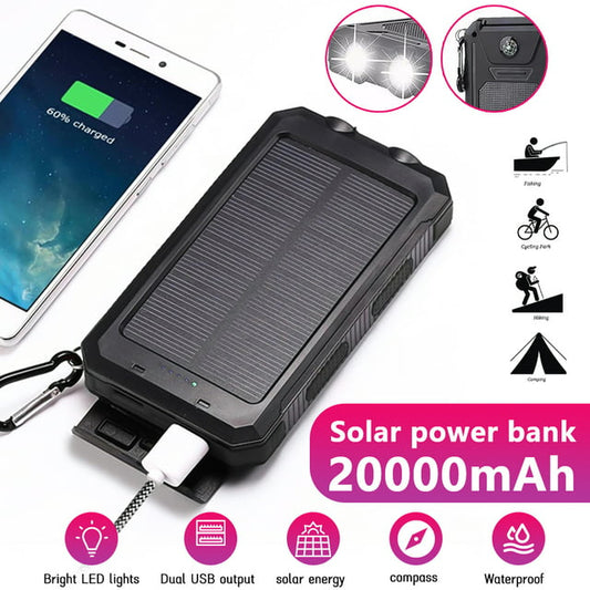 Solar Power Bank,DFITO Portable Charger 20000mAh External Battery Pack Type C Input Port Dual Flashlight, Compass, Solar Panel Charging (Black)