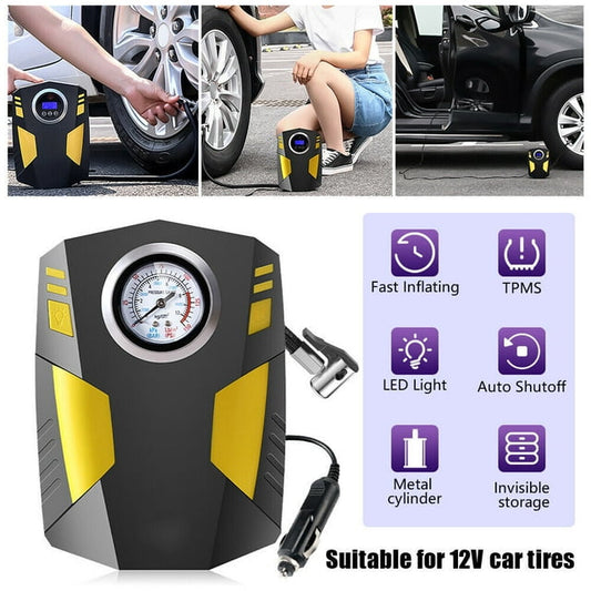 Tire Inflator Air Compressor, DFITO Portable Car Air Pump with Pointer Pressure Gauge, 12V 150 Psi Cordless, Bright LED Light