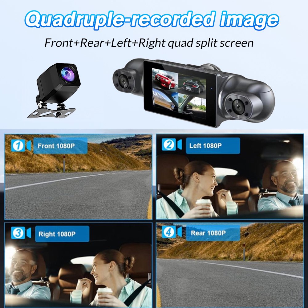 DFITO 4-Kanal-Armaturenbrett-Kamera, 1080P vorne hinten links rechts Auto-Kamera, WiFi-App, Nachtsicht, G-Sensor, Loop-Aufnahme