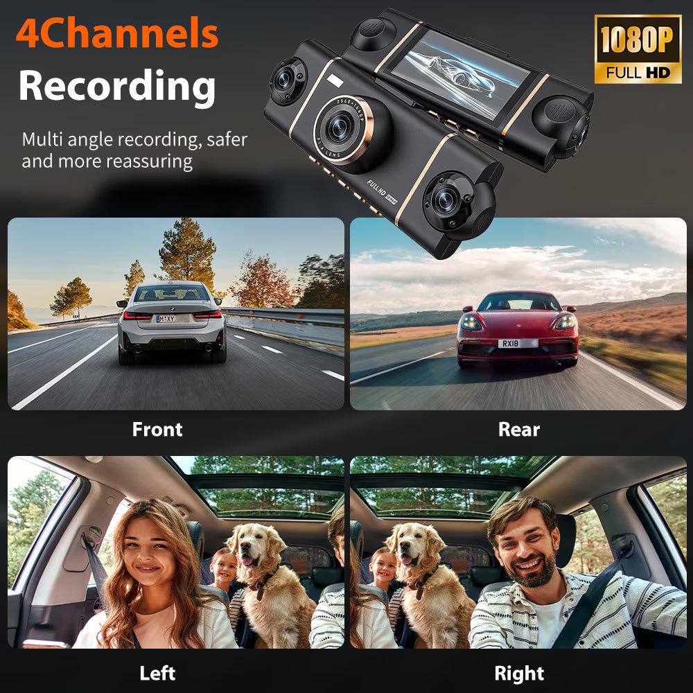 DFITO 4-Kanal Dashcam vorne und hinten innen, 1080P Dashcam für Autos, 8 IR Nachtsicht, APP & WiFi Unterstützung, 24H Parkmodus