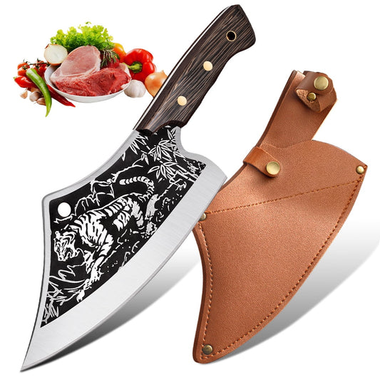 Meat Cleaver Knives with Sheath - 8'' Hand Forged Butcher Knife with Tiger Style - Heavy Duty Chopping Knife - Rival to Damascus Cleaver Knife for Home, Restaurant
