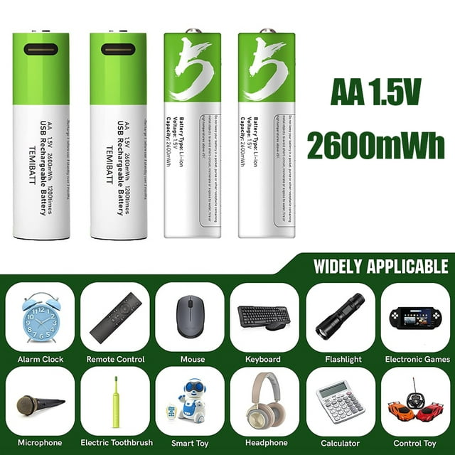 DFITO USB Rechargeable AA Battery, 1.5V / 2600mWh Rechargeable Lithium AA Batteries, Over 1200 Cycles, 1.5 Hours Fast Charging