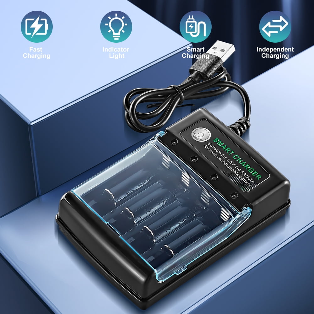 Rechargeable Alkaline Battery Charger, DFITO 4 Bay Smart Charger for AA/AAA Batteries with USB Power Port and Safe Overcharge Protection