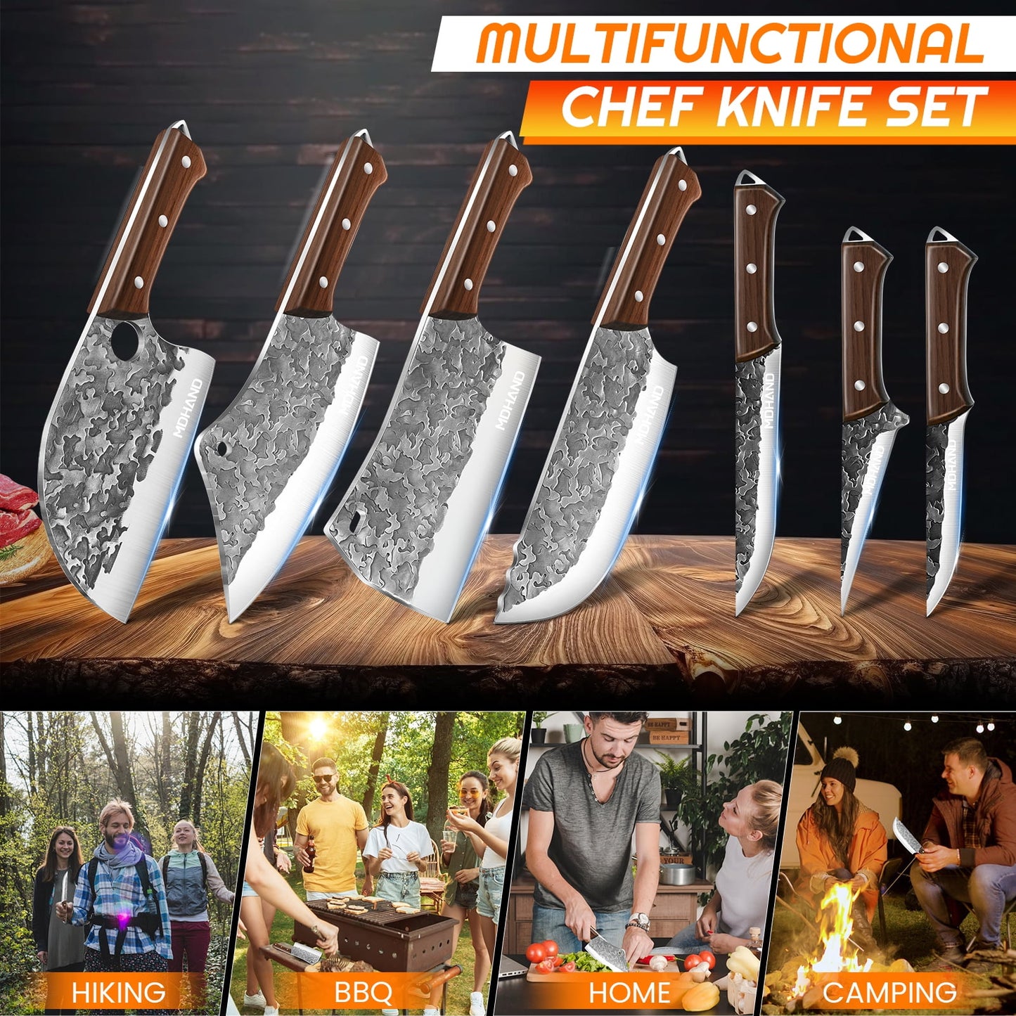 Butcher Knife Set,DFITO 14 PCS Chef Knife Set with Bag, Hand Forged Kitchen Knife Set Meat Cleaver Boning Knife Viking Knife for Kitchen Camping Outdoor BBQ（de）