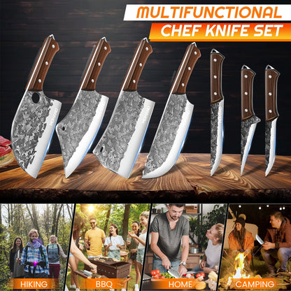 Butcher Knife Set,DFITO 14 PCS Chef Knife Set with Bag, Hand Forged Kitchen Knife Set Meat Cleaver Boning Knife Viking Knife for Kitchen Camping Outdoor BBQ（de）