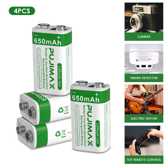 9V Rechargeable Batteries, 650mAh High Capacity 1200mAh Square Lithium 9 volt Batteries 4 Pack