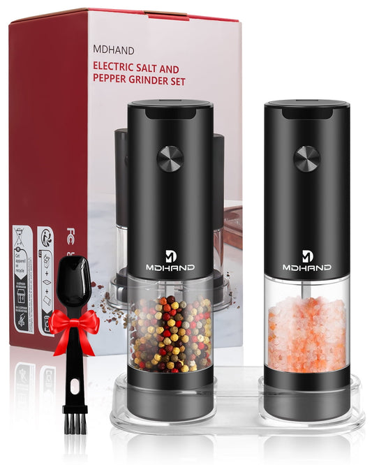 Electric Salt and Pepper Grinder Set,DFITO Battery Powered Spice Mill Shakers, LED Light, Adjustable Coarseness, Stainless Steel,Black