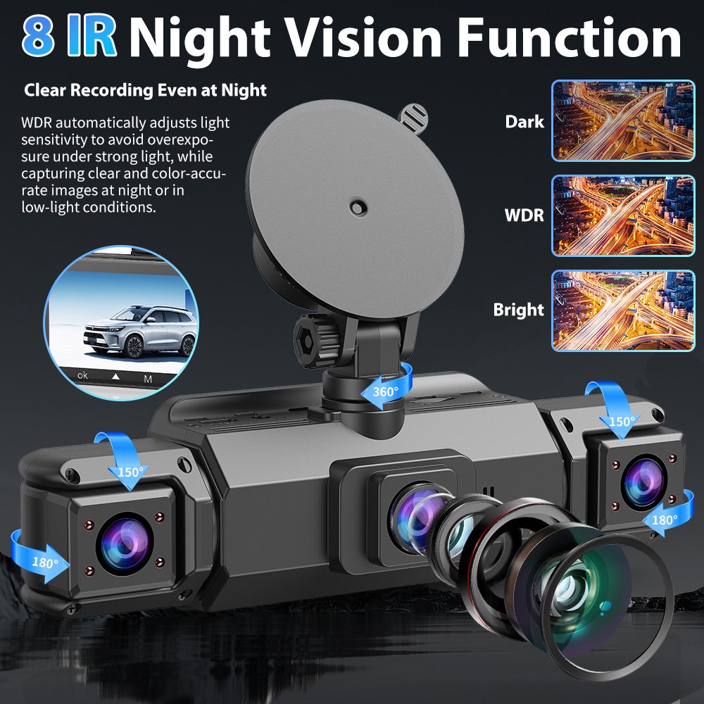 DFITO 4-Kanal-Dashcam mit 1080P-Frontkameras, Nachtsicht, HDR, G-Sensor, Loop-Aufnahme und 24-Stunden-Parkmodus