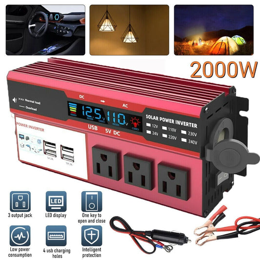 2000W Car Power Inverter DC 12V to AC 110V RV Solar Converter 3 AC 4 USB Outlets