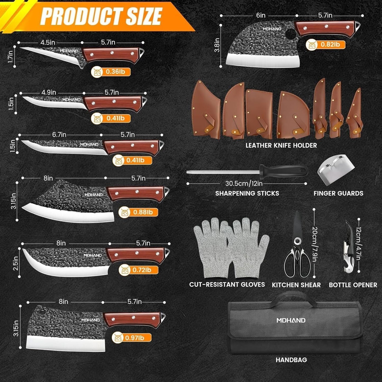 Butcher Knife Set,DFITO 14 PCS Chef Knife Set with Bag, Hand Forged Kitchen Knife Set Meat Cleaver Boning Knife Viking Knife for Kitchen Camping Outdoor BBQ（de）