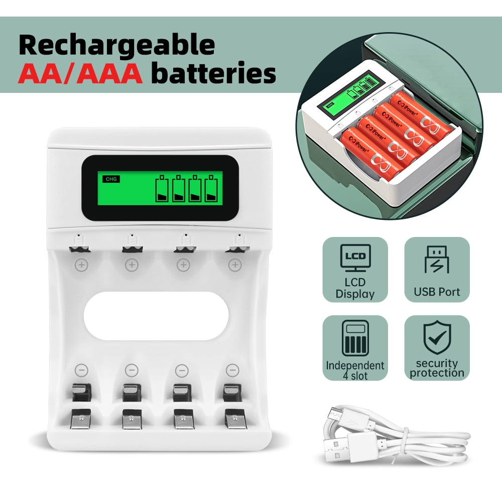 4 Bay AA AAA Battery Charger,DFITO USB High-Speed Charging, Independent Slot, for Rechargeable Batteries