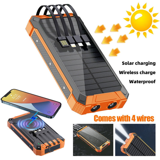 DFITO 20000mAh Solar Power Bank Battery Pack Qi Wireless, Portable Solar Power Bank with 4 Cables, 3 USB Ports, 2 LED Lights, for Outdoor Camping and Hiking, Orange