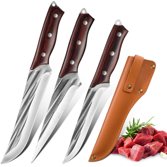 3PCS Butcher Knife Set Hand Forged chef knife Boning Knife,DFITO High Carbon Steel Meat Cutting Knife for Kitchen Camping BBQ