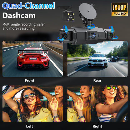DFITO 4-Kanal-Dashcam mit 1080P-Frontkameras, Nachtsicht, HDR, G-Sensor, Loop-Aufnahme und 24-Stunden-Parkmodus