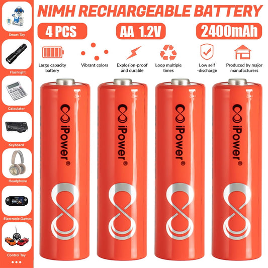 DFITO 4-Pack Rechargeable AA NiMH Batteries, 2400 mAh, Recharge up to 1200x Times, Pre-Charged