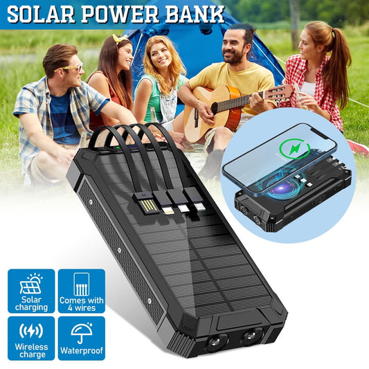 DFITO 20000mAh Solar Power Bank Battery Pack Qi Wireless, Portable Solar Power Bank with 4 Cables, 3 USB Ports, 2 LED Lights, for Outdoor Camping and Hiking, Black