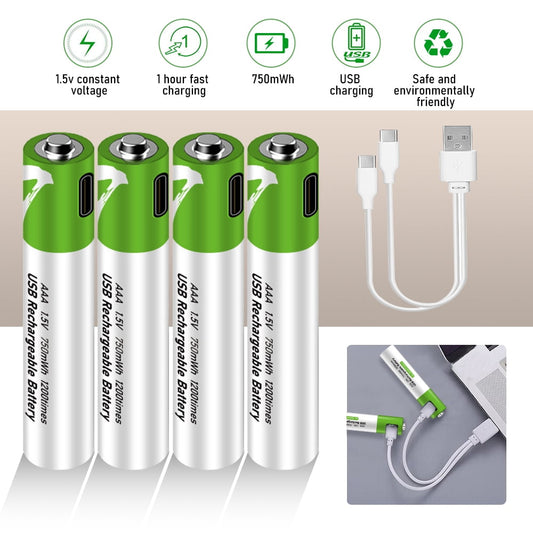 DFITO 4 Pack Rechargeable AAA Lithium ion Li-Ion Batteries 1.5V 750 mWh USB C cable
