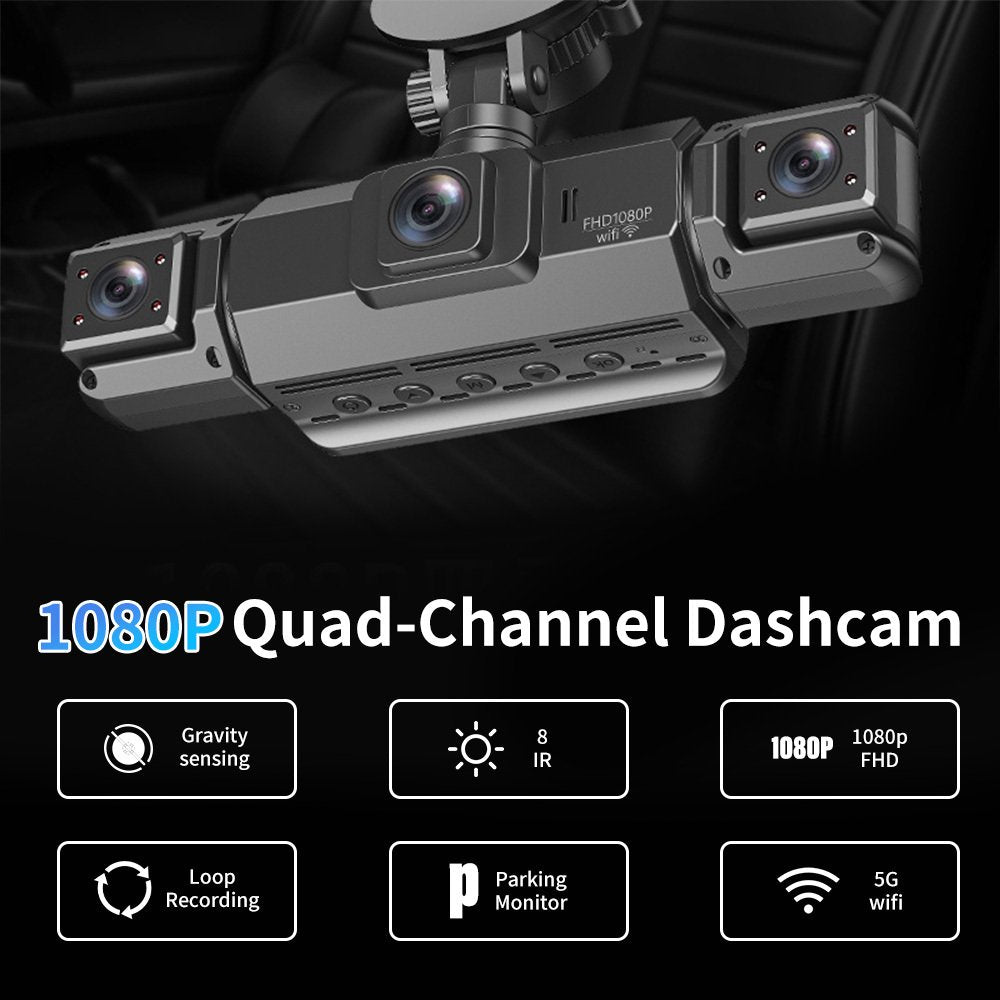 DFITO 4-Kanal-Dashcam mit 1080P-Frontkameras, Nachtsicht, HDR, G-Sensor, Loop-Aufnahme und 24-Stunden-Parkmodus