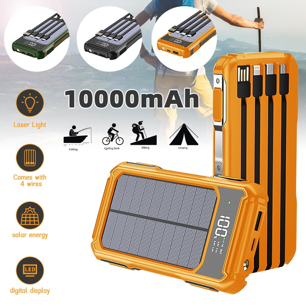 Solar Power Bank 10000mAh with Built in 4 Cables,DFITO Portable Charger Power with High Power Radium Spotlight for Outdoor Camping Hiking (Orange)