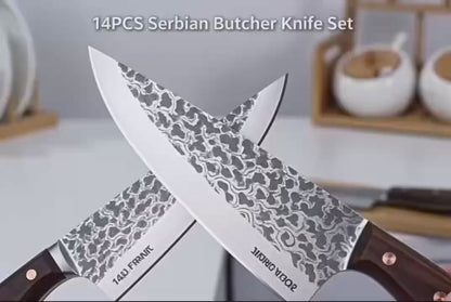 14-teiliges serbisches Metzger-Messerset, handgeschmiedet, Küchenchef-Messer, Hackmesser