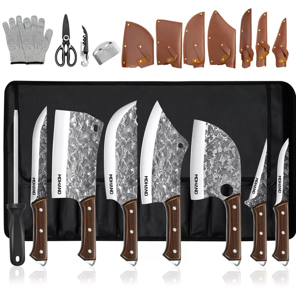 14PCS Serbian Butcher Knife Set Hand Forged Kitchen Chef Knife Cleaver Chopping