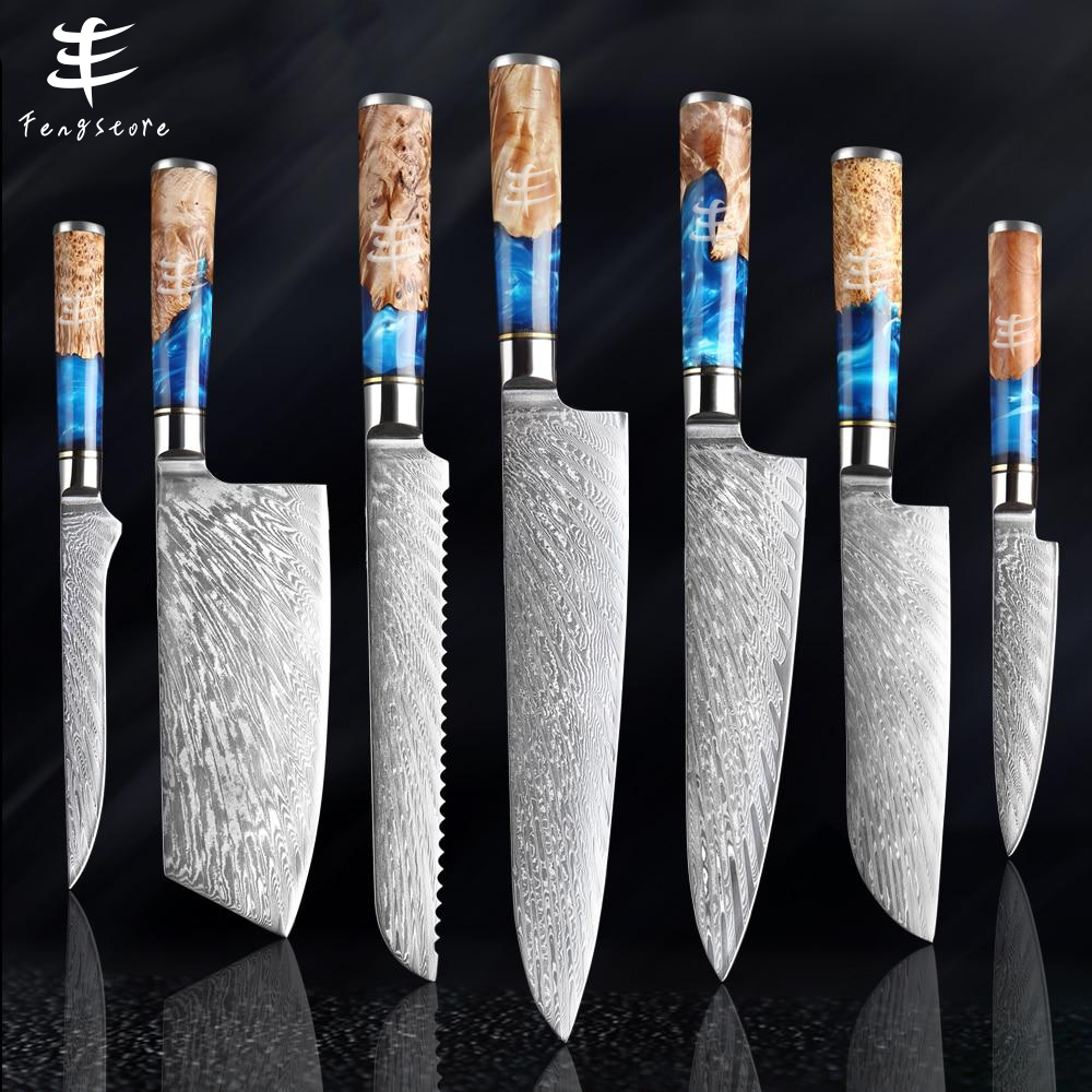 Fengstore Kitchen Knives-Set Damascus Steel VG10 Chef Knife Cleaver Paring Bread Knife Blue Resin and Color Wood Handle Cooking Tool