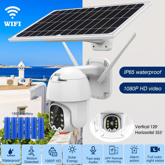 Solar Security Cameras ,DFITO 355° View Pan,Solar Battery Powered WiFi Security Outdoor System, HD Night Vision,White