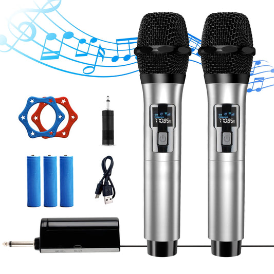 Wireless Microphone,DFITO Dual Cordless Metal Dynamic Mic System with Rechargeable Receiver, for Karaoke Singing, DJ, Party, Church, 200ft