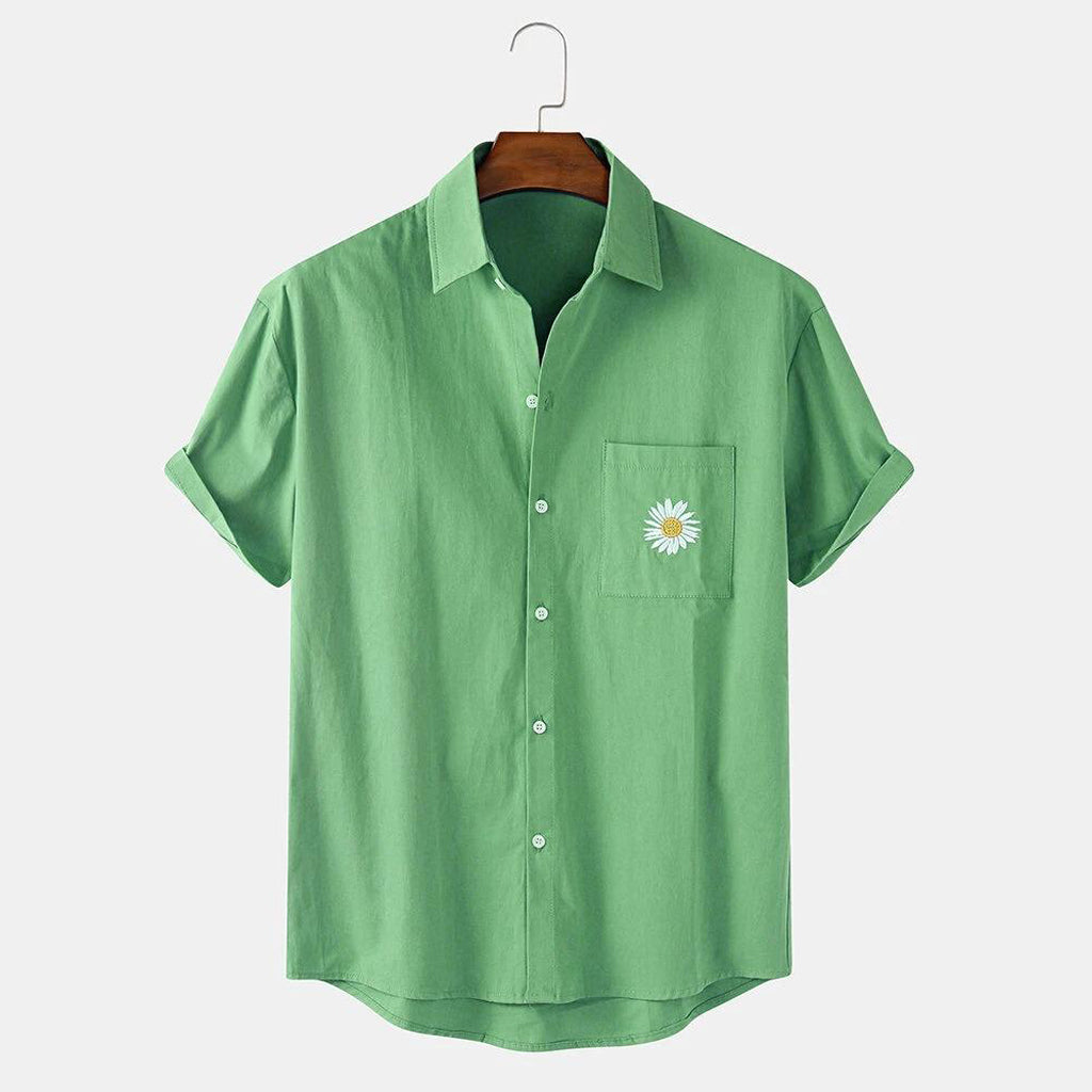 Men's Daisy Embroidered Casual Short Sleeve Shirt