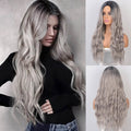 Dfitoco Long Wavy Womens Wig Natural Part Side Hair Ombre Synthetic Wigs Platinum/Blonde/Black Wigs Heat Resistant for Women