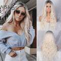 Dfitoco Long Wavy Womens Wig Natural Part Side Hair Ombre Synthetic Wigs Platinum/Blonde/Black Wigs Heat Resistant for Women